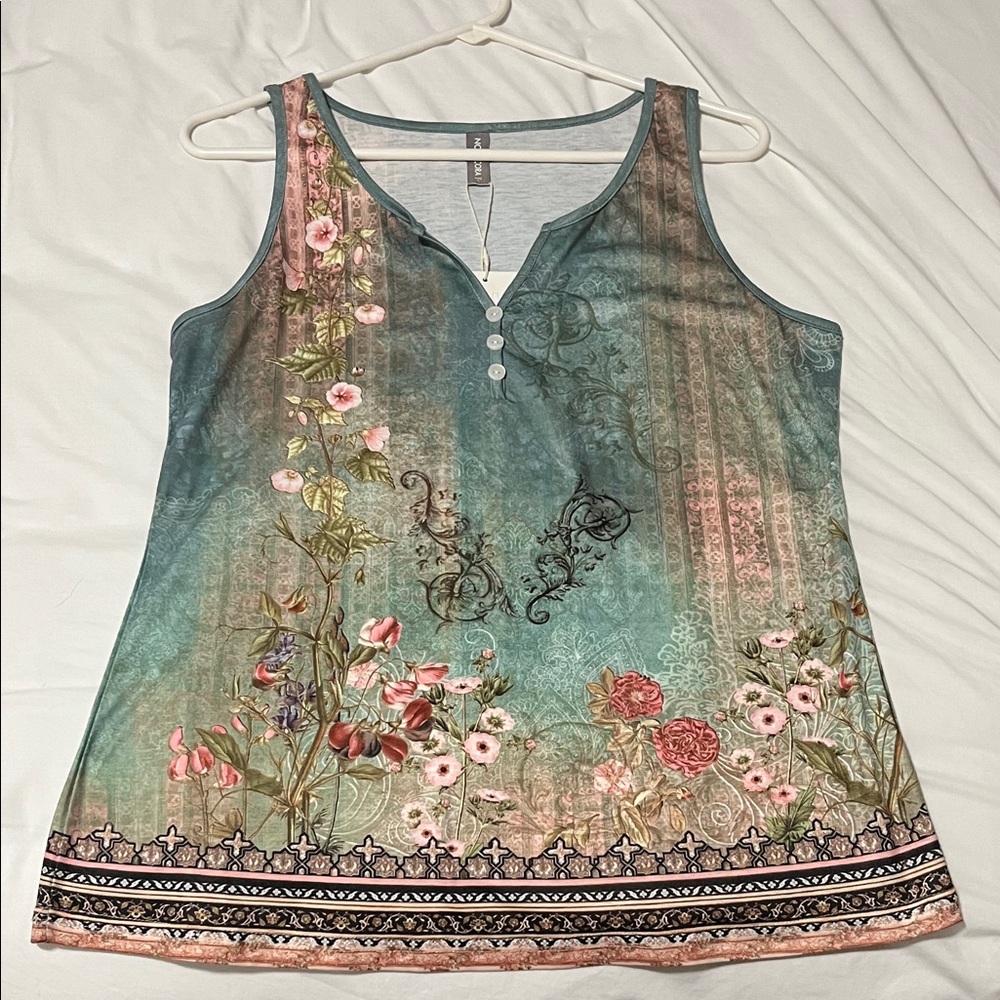 Elegant Floral Tank Top - Blue and Pink